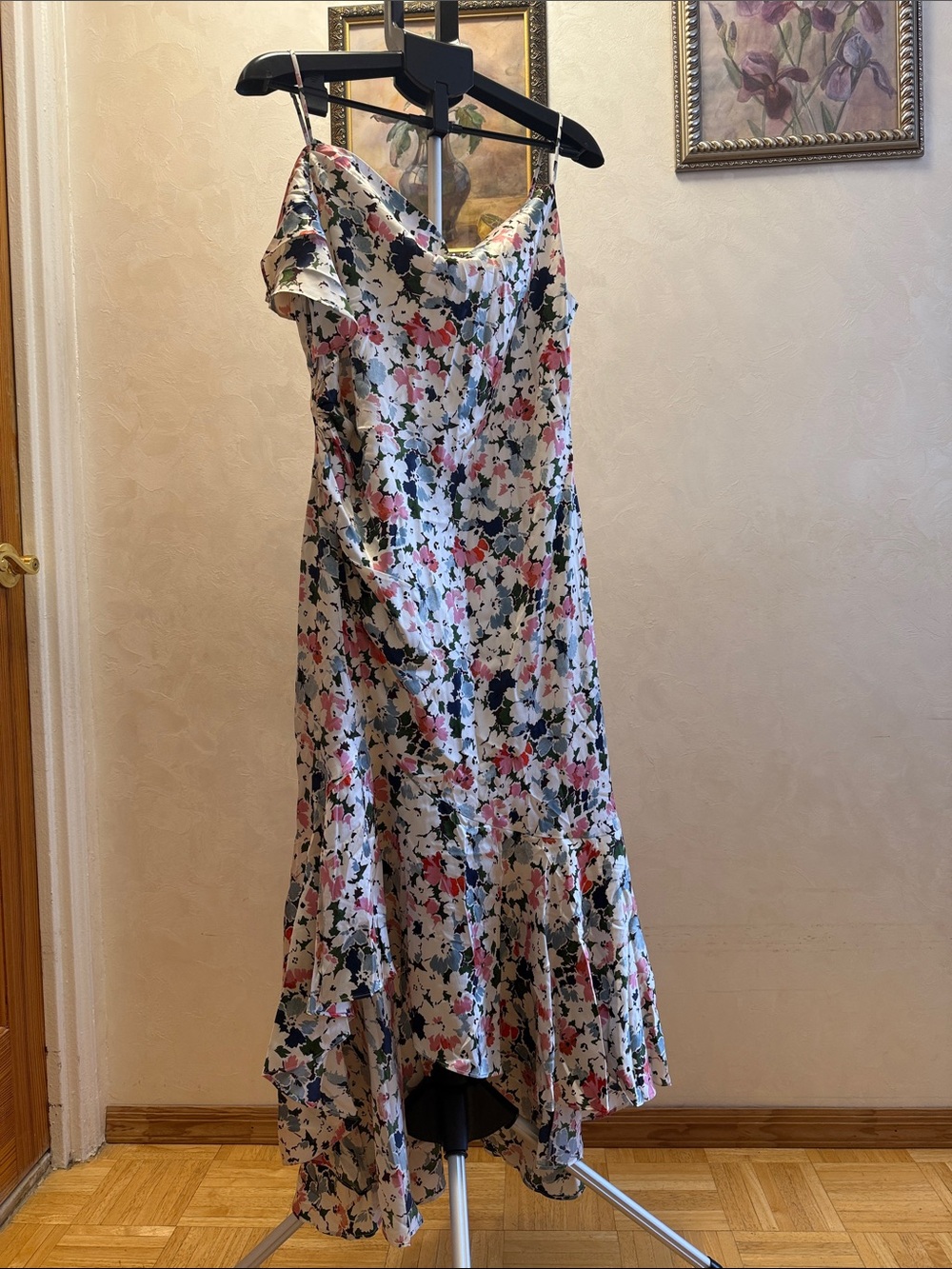 cinq a sept Floral Asymmetrical Slip Dress in White, Pink, Navy